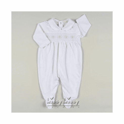 Kissy Kissy Classic Baby Special white with pink smocking footie with collar. Kissy Kissy footies with smocking are beautiful.