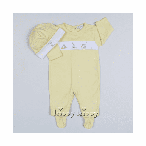 Kissy Kissy Ducklings footie and hat set.  Made with the finest Peruvian cotton.