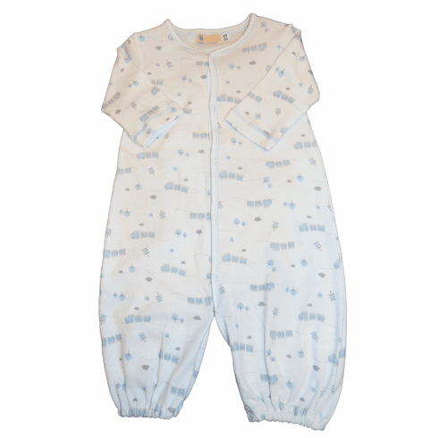 SLB Baby Boy Train Print on White Convertible Gown. Peruvian pima cotton.