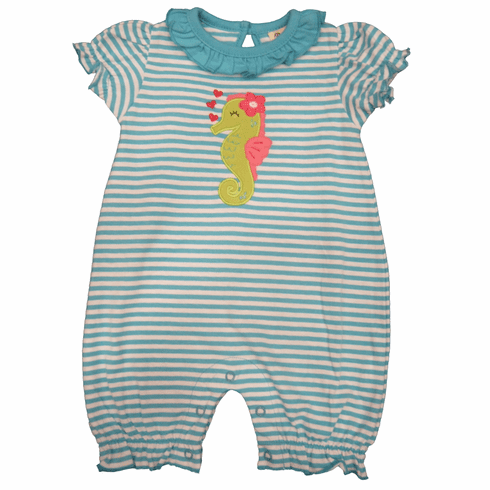 SLB Baby Seahorse Soft Knit Turquoise Stripe one piece with a seahorse appliqued. 