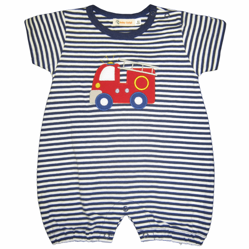 SLB Big Boy Firetruck soft knit one piece with sleeves with firetruck appliqued. Peruvian pima cotton.