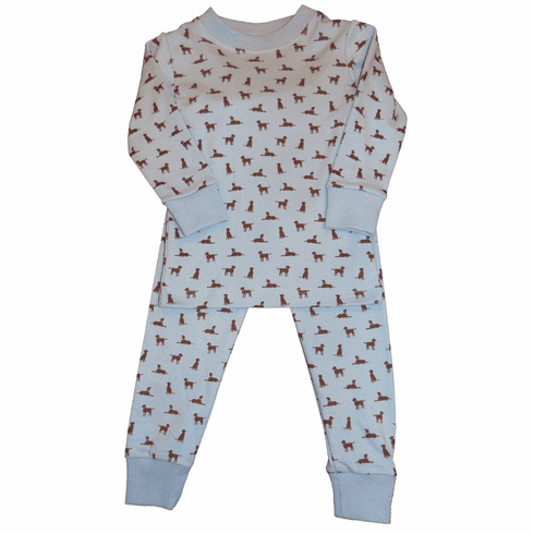 SLB Blue Pajamas with Chocolate Lab Print on Two Piece Pajamas. Peruvian pima cotton.