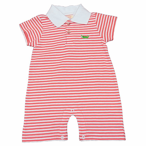 SLB Boys Sleeve Stripe Polo Romper with Gator Embroidery and Collar. Peruvian Cotton. Softest Cotton in the World.