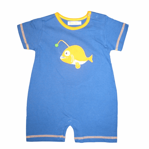 SLB Fisher Baby soft knit one piece with sleeves and fish appliqued. Peruvian pima cotton.