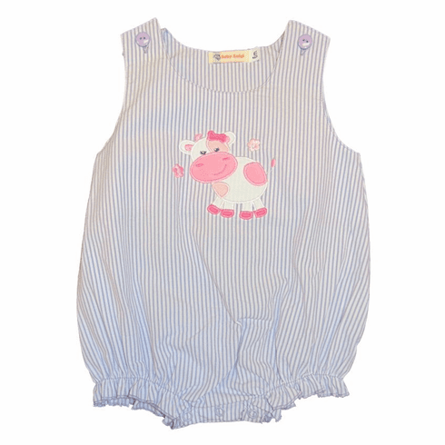 SLB Girls Lavender Sleeveless Stripe Romper with Pink Cow Motif. Peruvian Cotton. Softest Cotton in the World.