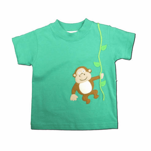 SLB Hanging Like a Monkey green shirt with a monkey on the front.