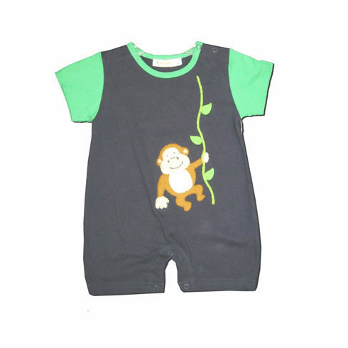 SLB Monkey Play navy and green romper with a swinging monkey on the front.