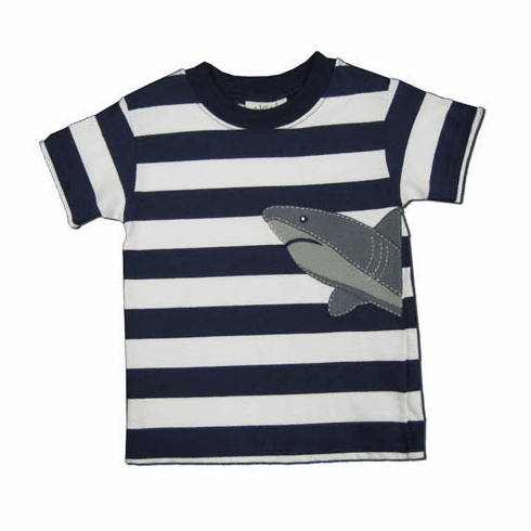 SLB Shark Attack navy striped shirt with a shark.