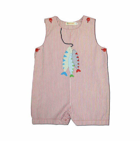 SLB Three Fish stripe seersucker red and white jon jon.