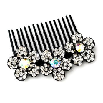 * Adorable Black Flower Comb w/ Clear Rhinestones & Aurora Borealis Crystals 6729