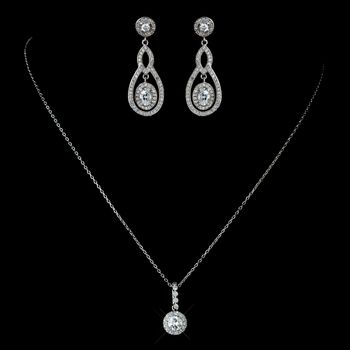 Antique Rhodium SIlver Clear CZ Crystal Round Pave Encrusted Pendent Necklace 7741 & Pave Encrusted Oval Drop Earrings 7778 Jewelry Set