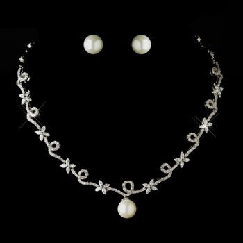 Antique Silver Clear CZ Stone & Diamond White Pearl Necklace 3871 & Earrings 7505 Bridal Jewelry Set