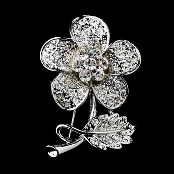* Antique Silver Clear Rhinestone Flower Brooch Pin 94