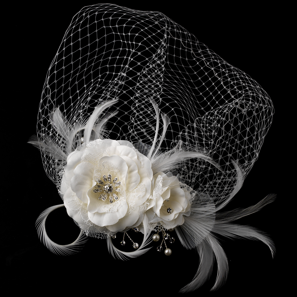 Twin Feather & Matte Satin Flowers & Russian Birdcage Veils on Comb