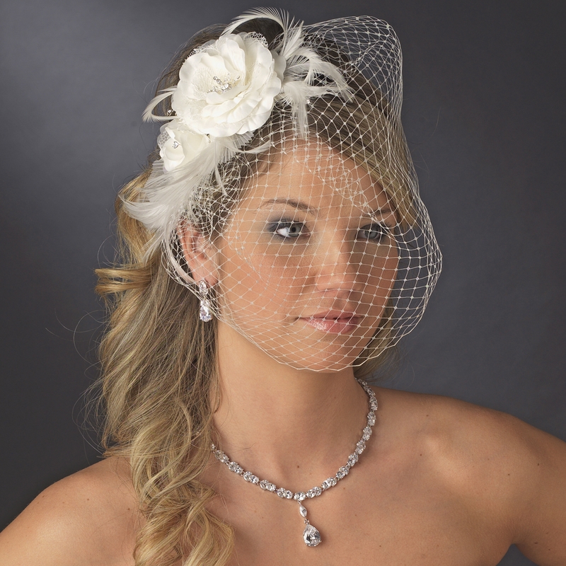 Twin Feather & Matte Satin Flowers & Russian Birdcage Veils on Comb