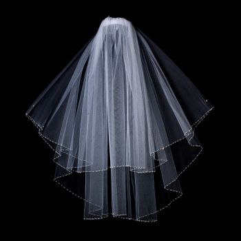 Two Tier Bridal Veil in Elbow Length with Dainty Beaded Faux Pearl Edges V 121