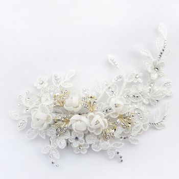 Diamond White Floral Organza & Lace Comb with Gold Accents
