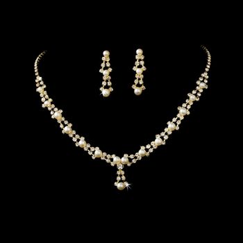 Gold & Ivory Pearl Necklace Earring Set NE 228 