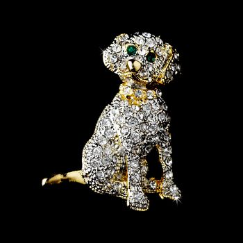 * Gold Trimmed Silver Clear Rhinestone Dog Pin w/ Green Rhinestone Eyes Brooch 98