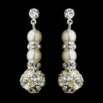 Pearl & Silver White Rondelle Drop Bridal Earrings 8751