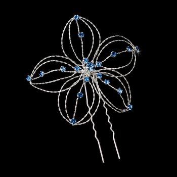 Precious Silver Flower Hair Pin w/ Light Blue Rhinestones 513