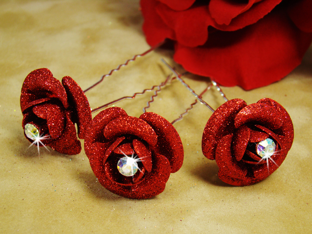 * Red Glitter Crystal Bridal Hair Pin 901 (Set of 12)