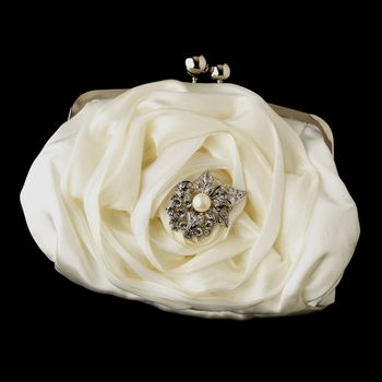 Silver Frame & Shoulder Strap Floral Rose Evening Bag 329 with Antique Silver Clear Rhinestone & Diamond White Pearl Accent Brooch 208