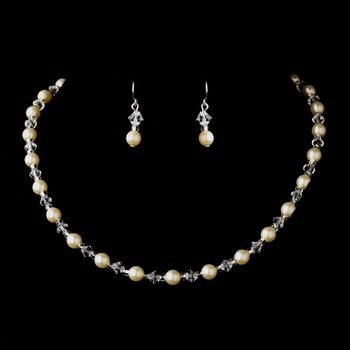Silver Ivory Czech Glass Pearl and Bead & Swarovski Crystal Bead Necklace 8657 & Earrings 2031 Jewelry Set