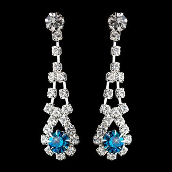 Silver Teal & Clear Rhinestone Dangle Earrings 9381