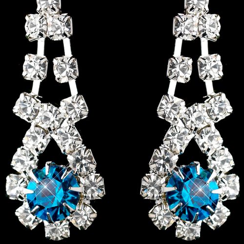 Silver Teal & Clear Rhinestone Dangle Earrings 9381