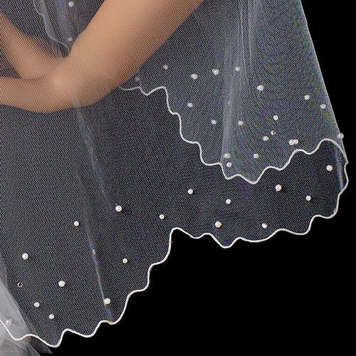 Single Tier Fingertip Length Rhinestone Pearl Veil with Scolloped Pencil Edge V 144 1F Single Tier Fingertip Length Rhinestone Pearl Veil with Scolloped Pencil Edge V 144 1F