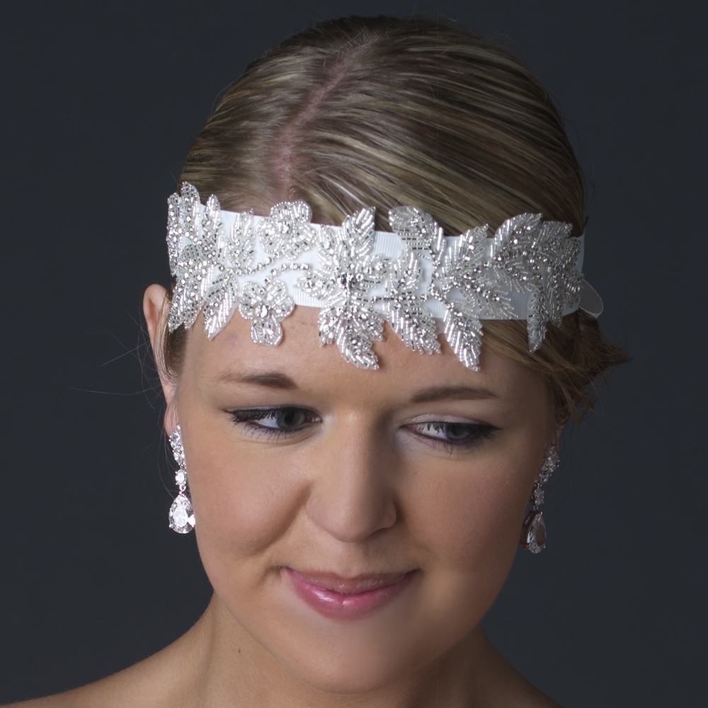 Floral Leaf Sash Belt/Headband with Silver Bugle Beads & Rhinestones