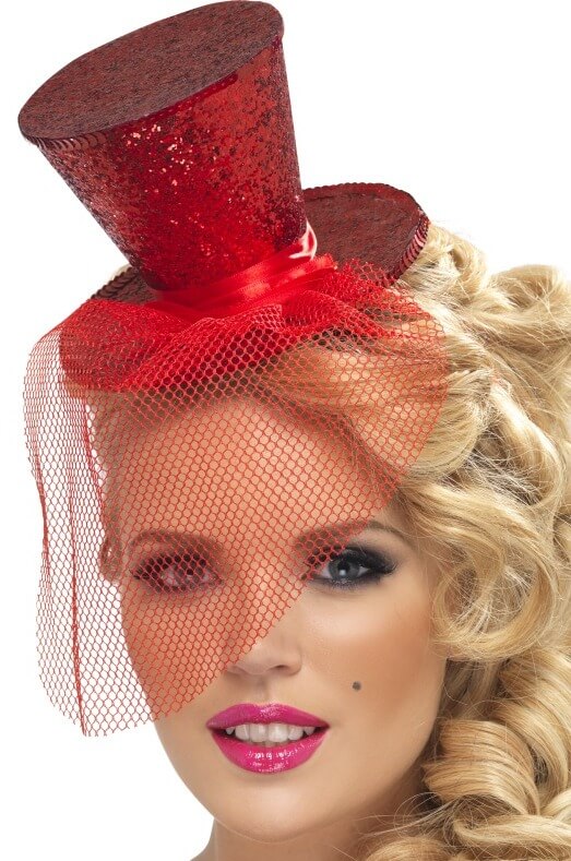 Red Glitter Mini Top Hat on Headband Steampunk Costumes