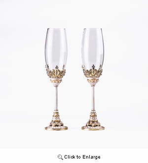 10 Inch Gold Beaded Crown Wedding Toasting Champagne Flute Glass Set of 2