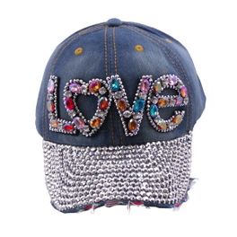 Blancho Women Fashion LOVE Rhinestone Studded Bling Adjustable Baseball Cap Denim Jean