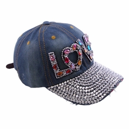 Blancho Women Fashion LOVE Rhinestone Studded Bling Adjustable Baseball Cap Denim Jean