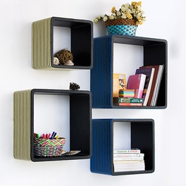 Trista - [Blue & Yellow Strip] Square Leather Wall Shelf / Bookshelf / Floating Shelf (Set of 4)