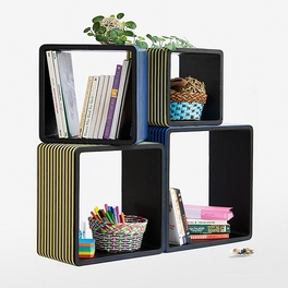 Trista - [Blue & Yellow Strip] Square Leather Wall Shelf / Bookshelf / Floating Shelf (Set of 4)