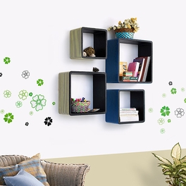 Trista - [Blue & Yellow Strip] Square Leather Wall Shelf / Bookshelf / Floating Shelf (Set of 4)