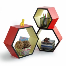 Trista - [Colorado Red Grid] Hexagon Leather Wall Shelf / Bookshelf / Floating Shelf (Set of 3)