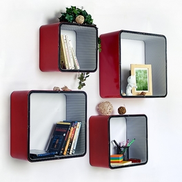 Trista - [Red & Black] Square Leather Wall Shelf / Bookshelf / Floating Shelf (Set of 4)