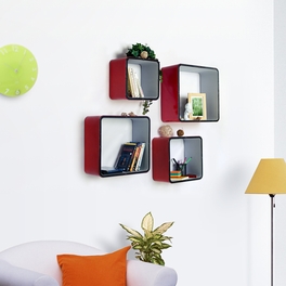 Trista - [Red & Black] Square Leather Wall Shelf / Bookshelf / Floating Shelf (Set of 4)