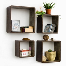 Trista - [Saddle Brown] Square Leather Wall Shelf / Bookshelf / Floating Shelf (Set of 4)