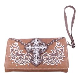 Womens Accessories Leather Wallet Studded Rhinestone Cross FW2070W46CR-BROWN