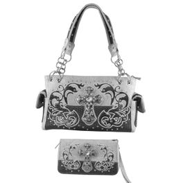 Womens Leather Handbag Set Studded Rhinestone Cross G939-2062W29LCR-BEIGE