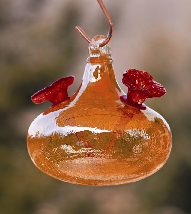 Orange Crackle Glass Hummingbird Feeder