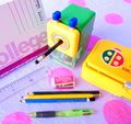 Re-ment Miniatures : Favorite Stationery (2006) #10 - Miniature Colorful Pencil Sharpener & Yellow Pencil Case