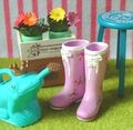 Re-ment Miniatures : Storage Beauty (2007) #9 - Miniature Garden Patio Boots & Flowers (RESERVED FOR CUSTOMER 2)