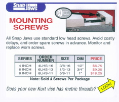 SNAP Jaws 1/2 - 13 3/4" Dim SCREWS for 6" Kurt Vise Jaws 6LHS-13