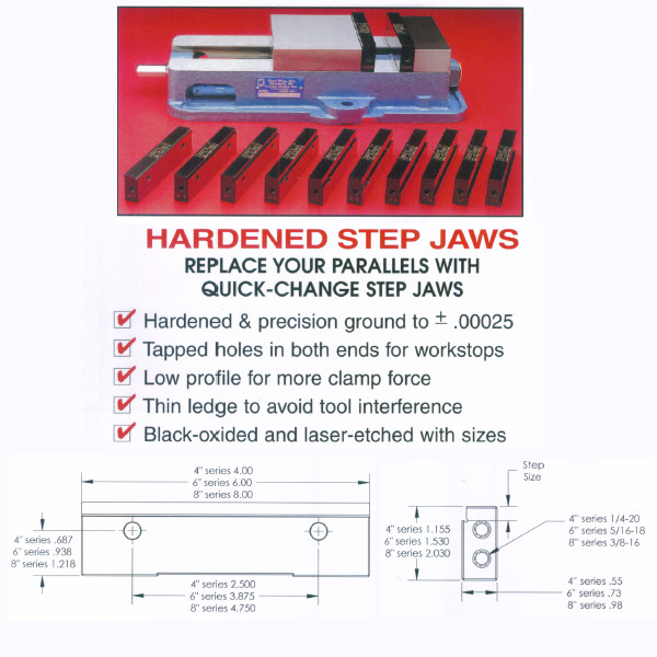 SNAP Jaws 6" HARD VISE JAWS with .100 STEP for 6" Kurt Vise 6HSJ100
